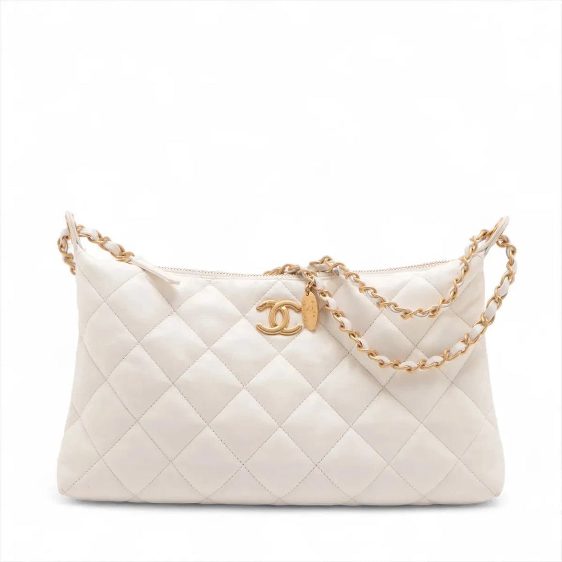 CHANEL MATELASSE SHINY LAMBSKIN CHAIN SHOULDER BAG: Chanel Matelasse shiny lambskin Chain Shoulder Bag Brand: Chanel Type/Style: Shoulder Bag Material: shiny lambskin Color: White Size: Height:7.3inchLength:12.4inchDepth:1.6inch Accessories: None <