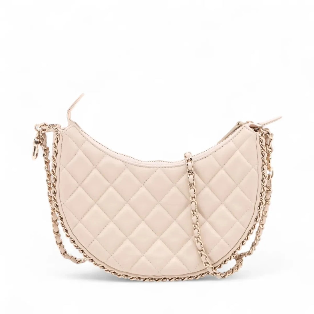 CHANEL MATELASSE LAMBSKIN CHAIN SHOULDER BAG: Chanel Matelasse Lambskin Chain Shoulder Bag Brand: Chanel Type/Style: Shoulder Bag Material: Lambskin Color: Beige Size: Height:6.3inchLength:8.1inchDepth:2.0inch Accessories: None Access