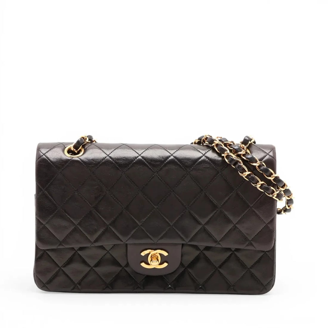 CHANEL MATELASSE 25 LAMBSKIN DOUBLE FLAP CHAIN BAG: Chanel Matelasse 25 Lambskin Double Flap Chain Bag Brand: Chanel Type/Style: Shoulder Bag Material: Lambskin Color: Black Size: Height:6.3inchLength:10.0inchDepth:2.6inch Accessories: None