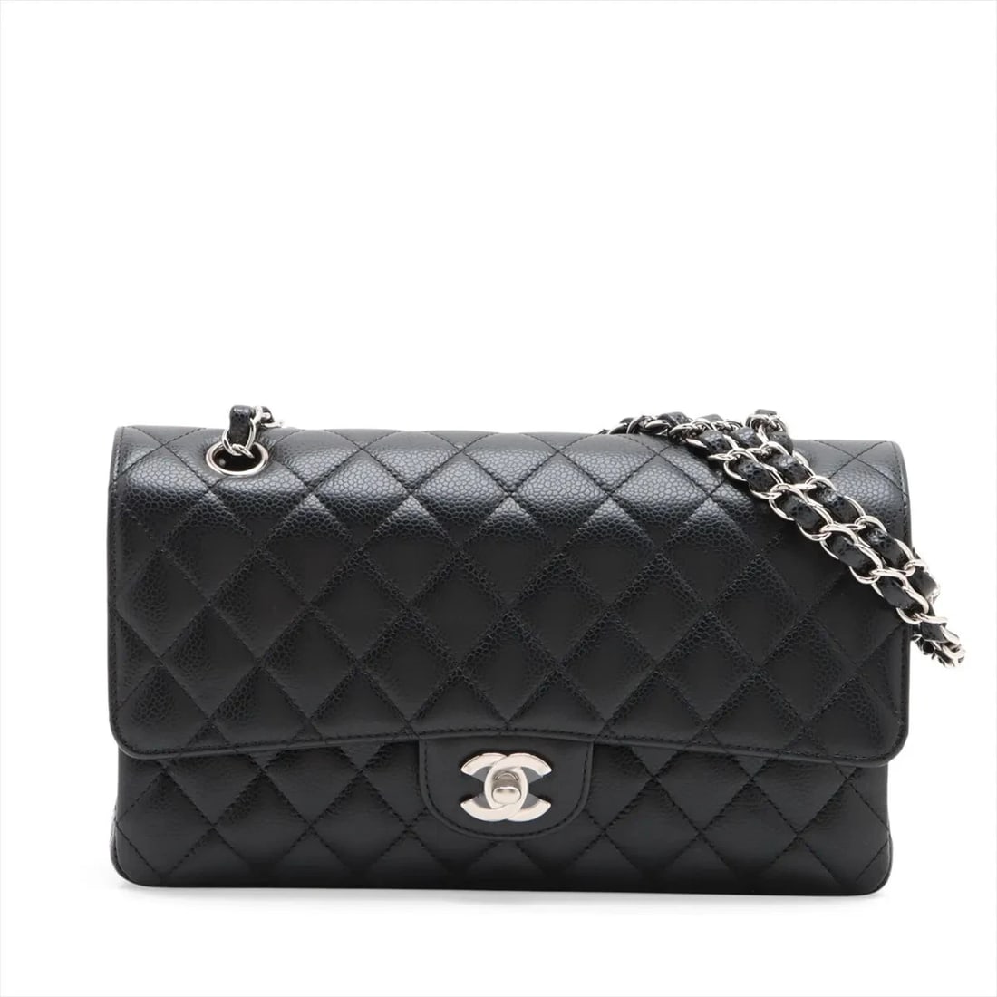 CHANEL MATELASSE 25 CAVIAR SKIN FLAP DOUBLE CHAIN BAG: Chanel Matelasse 25 Caviar Skin Flap Double Chain Bag Brand: Chanel Type/Style: Shoulder Bag Material: Caviar Skin Color: Black Size: Height:5.9inchLength:10.0inchDepth:2.4inch Accessories: None <