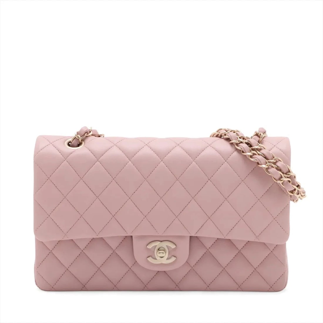 CHANEL MATELASSE 25 LAMBSKIN DOUBLE FLAP CHAIN BAG: Chanel Matelasse 25 Lambskin Double Flap Chain Bag Brand: Chanel Type/Style: Shoulder Bag Material: Lambskin Color: Pink Size: Height:6.1inchLength:9.8inchDepth:2.4inch Accessories: None A