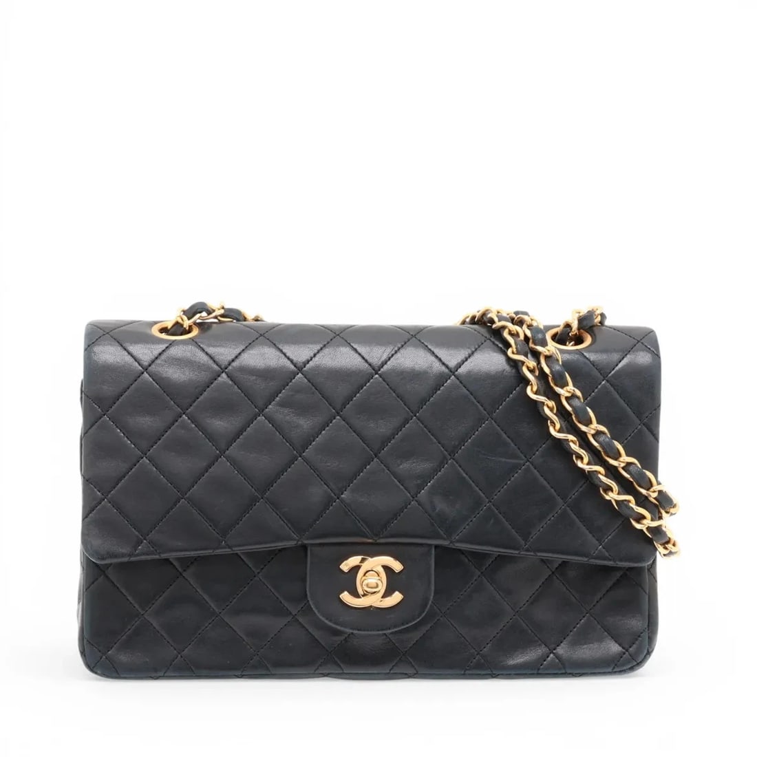 CHANEL MATELASSE 25 LAMBSKIN FLAP DOUBLE CHAIN BAG: Chanel Matelasse 25 Lambskin Flap Double Chain Bag Brand: Chanel Type/Style: Shoulder Bag Material: Lambskin Color: Black Size: Height:6.3inchLength:9.8inchDepth:2.6inch Accessories: None