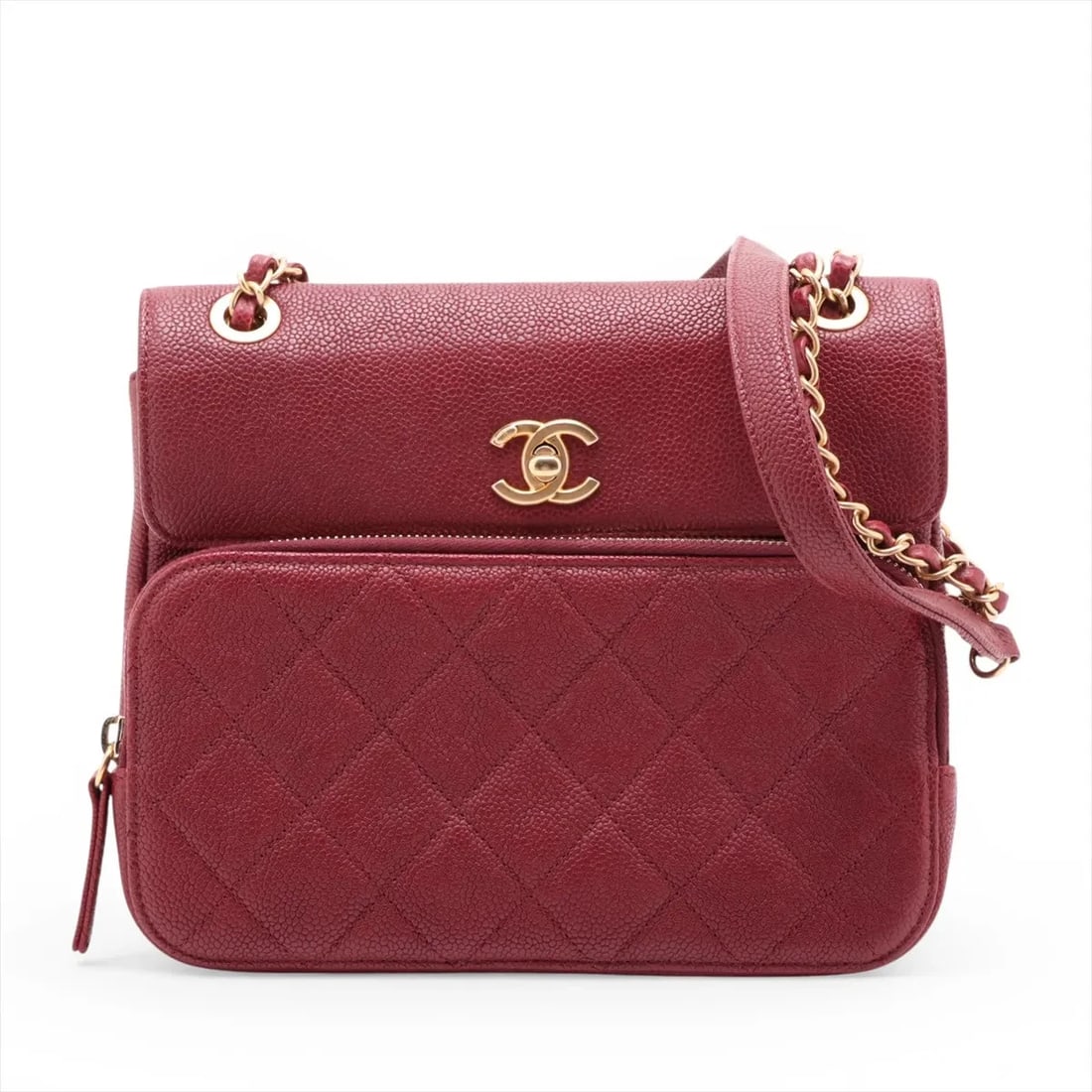 CHANEL MATELASSE CAVIAR SKIN SINGLE FLAP DOUBLE CHAIN BAG: Chanel Matelasse Caviar Skin Single Flap Double Chain Bag Brand: Chanel Type/Style: Shoulder Bag Material: Caviar Skin Color: Red Size: Height:6.9inchLength:8.3inchDepth:2.8inch Accessories: None