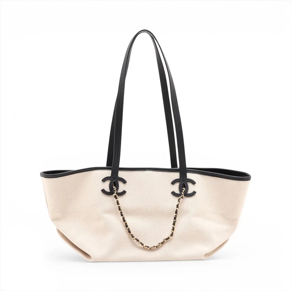 CHANEL COCO MARK CANVAS X LAMBSKIN CHAIN TOTE BAG: Chanel Coco Mark canvas x lambskin Chain Tote Bag Brand: Chanel Type/Style: Tote Material: canvas x lambskin Color: Beige x black Size: Height:8.1inchLength:9.1inchDepth:7.9inch Accessories: None