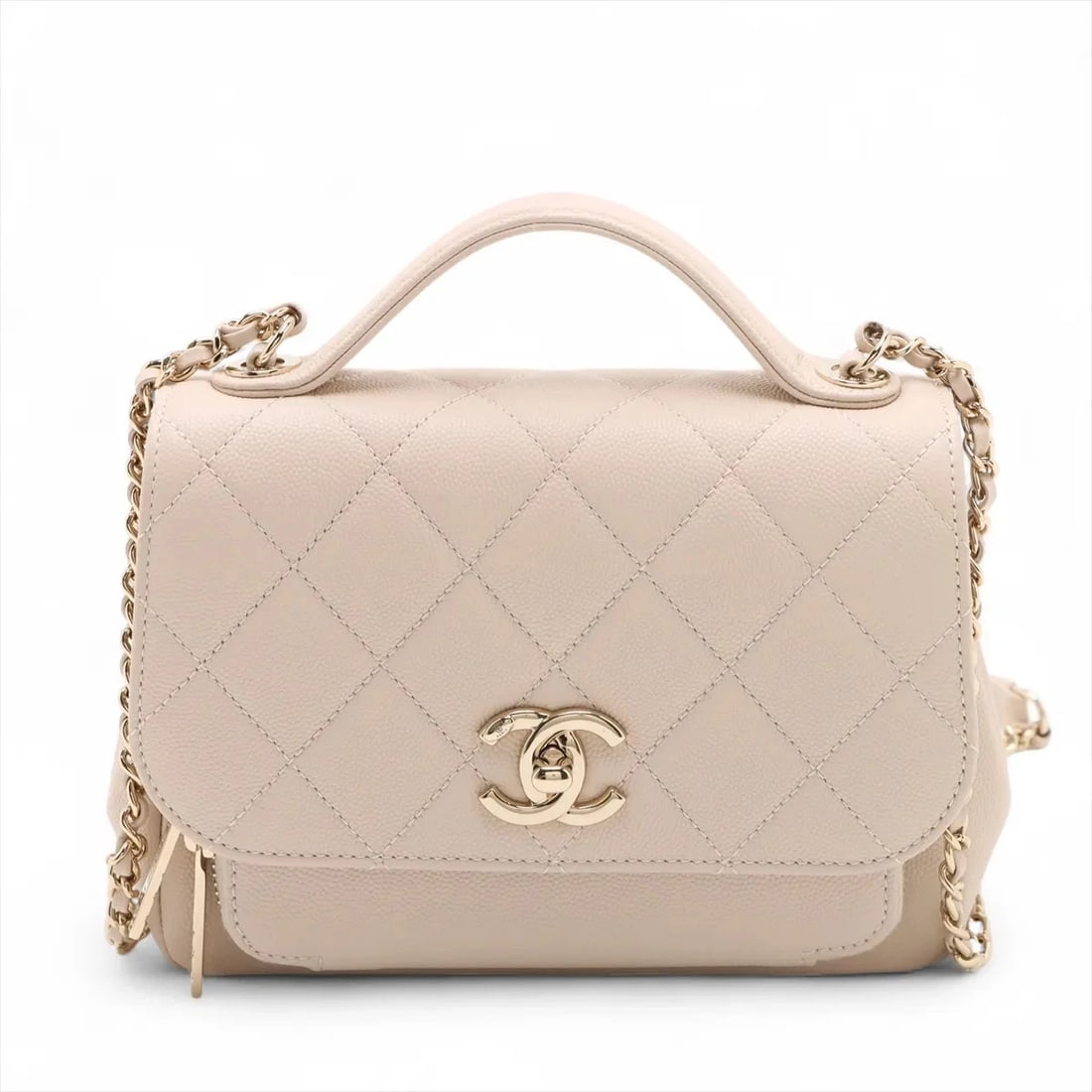CHANEL BUSINESS AFFINITY CAVIAR SKIN 2 WAY HANDBAG: Chanel Business Affinity Caviar Skin 2 Way Handbag Brand: Chanel Type/Style: Top Handle Bag Material: Caviar Skin Color: Beige Size: Height:5.5inchLength:7.5inchDepth:2.8inch Accessories: None