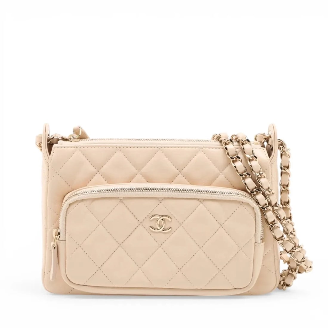 CHANEL MATELASSE LAMBSKIN CHAIN SHOULDER BAG: Chanel Matelasse Lambskin Chain Shoulder Bag Brand: Chanel Type/Style: Shoulder Bag Material: Lambskin Color: Beige Size: Height:6.1inchLength:8.3inchDepth:2.0inch Accessories: None Access