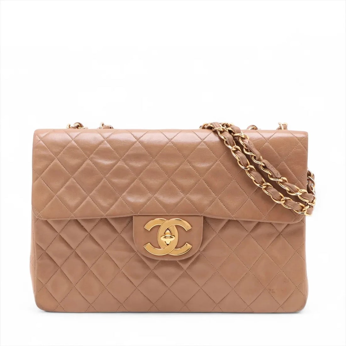 CHANEL DEKAMATRASSE 34 MAXI LAMBSKIN SINGLE FLAP DOUBLE CHAIN BAG: Chanel DEKAMATRASSE 34 Maxi Lambskin Single Flap Double Chain Bag Brand: Chanel Type/Style: Shoulder Bag Material: Lambskin Color: Brown Size: Height:8.7inchLength:13.4inchDepth:3.7inch Accessorie