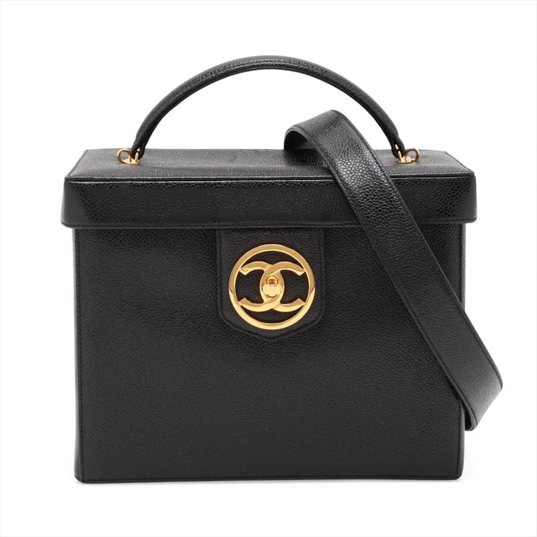 CHANEL COCO MARK CAVIAR SKIN 2 WAY HANDBAG: Chanel Coco Mark Caviar Skin 2 Way Handbag Brand: Chanel Type/Style: Top Handle Bag Material: Caviar Skin Color: Black Size: Height:7.3inchLength:9.1inchDepth:5.5inch Accessories: None Acc