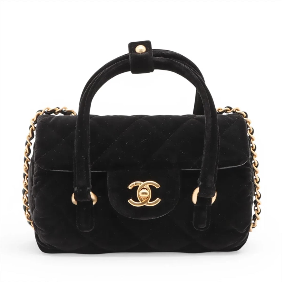 CHANEL MATELASSE VELVET 2 WAY HANDBAG: Chanel Matelasse Velvet 2 Way Handbag Brand: Chanel Type/Style: Top Handle Bag Material: Velvet Color: Black Size: Height:3.7inchLength:6.5inchDepth:3.7inch Accessories: None Accessories N