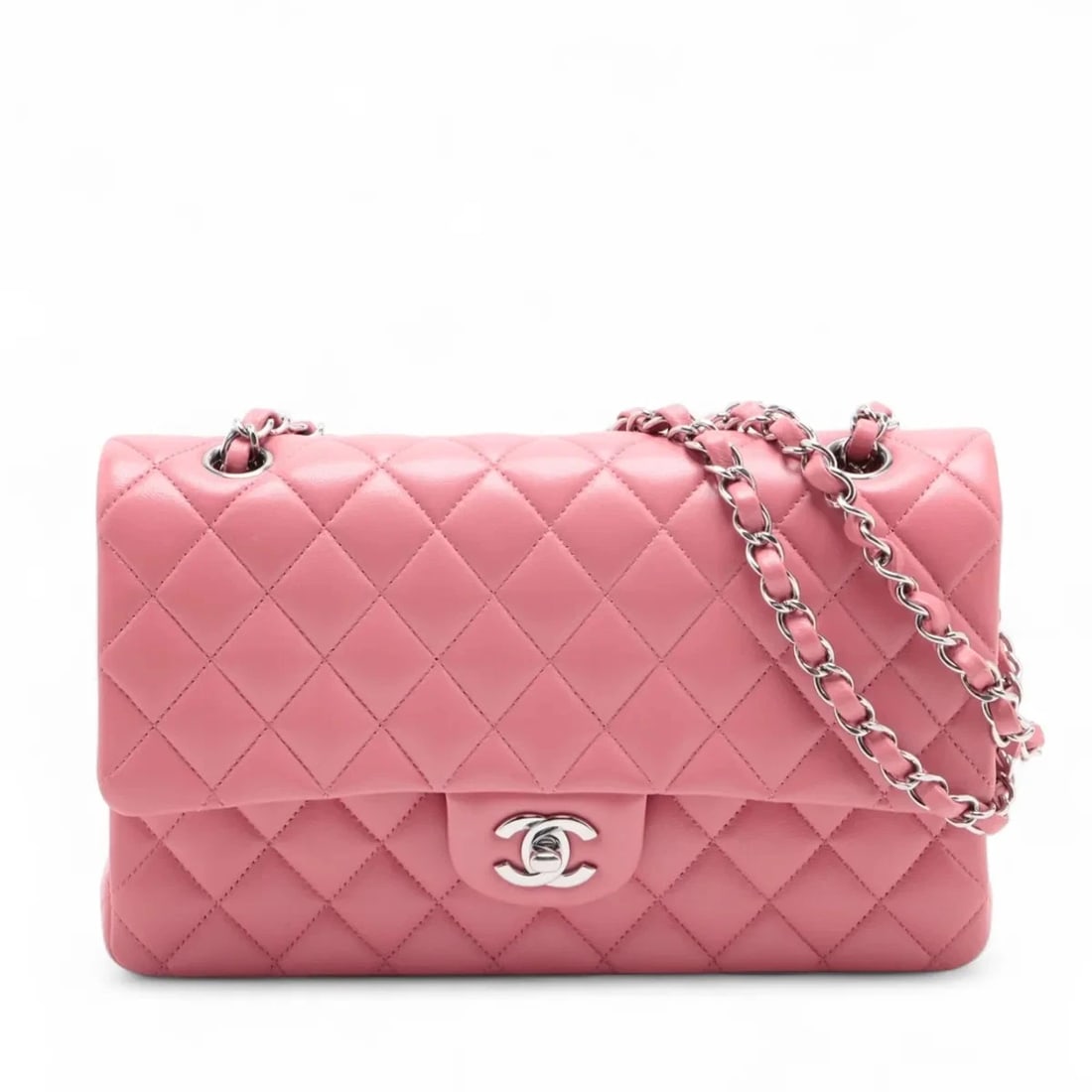 CHANEL MATELASSE 25 LAMBSKIN DOUBLE FLAP DOUBLE CHAIN BAG: Chanel Matelasse 25 Lambskin Double Flap Double Chain Bag Brand: Chanel Type/Style: Shoulder Bag Material: Lambskin Color: Pink Size: Height:6.1inchLength:9.8inchDepth:2.6inch Accessories: None