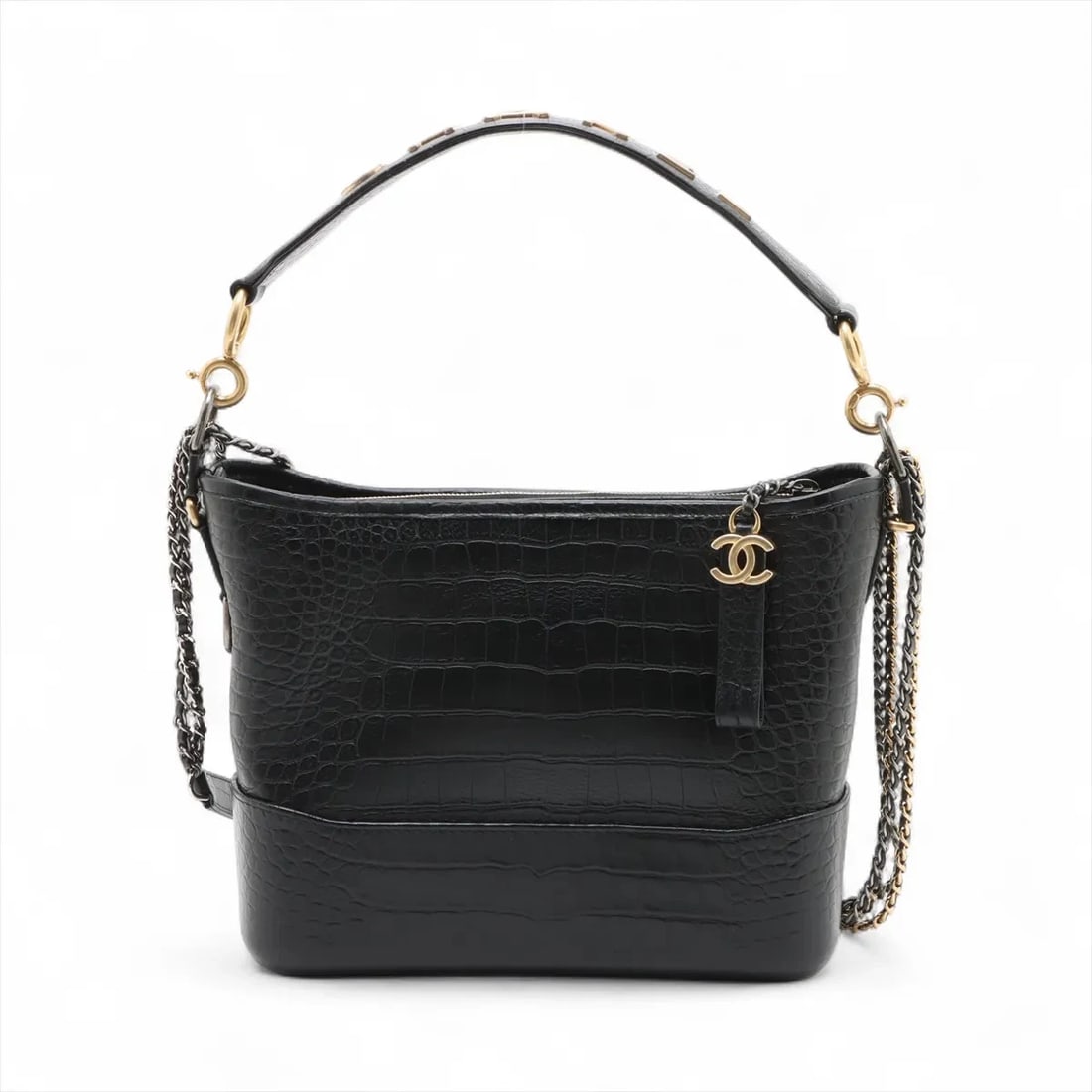 CHANEL GABRIELLE DOO CHANEL MOCK CROC CHAIN SHOULDER BAG: Chanel Gabrielle Doo Chanel Mock Croc Chain Shoulder Bag Brand: Chanel Type/Style: Shoulder Bag Material: Mock Croc Color: Black Size: Height:9.3inchLength:11.0inchDepth:3.7inch Accessories: None
