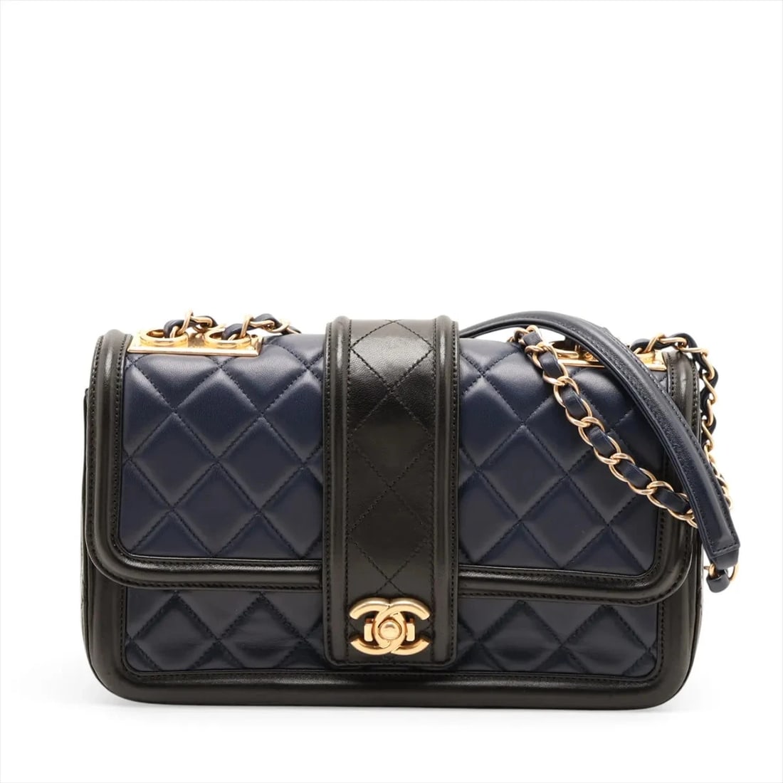 CHANEL MATELASSE LAMBSKIN SINGLE FLAP DOUBLE CHAIN BAG: Chanel Matelasse Lambskin Single Flap Double Chain Bag Brand: Chanel Type/Style: Shoulder Bag Material: Lambskin Color: navy x black Size: Height:5.9inchLength:10.2inchDepth:2.8inch Accessories: N