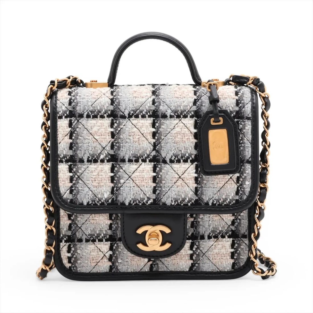 CHANEL MATELASSE TWEED X LAMBSKIN 2 WAY HANDBAG: Chanel Matelasse tweed x lambskin 2 Way Handbag Brand: Chanel Type/Style: Top Handle Bag Material: tweed x lambskin Color: White x black Size: Height:6.3inchLength:6.7inchDepth:2.6inch Accessories