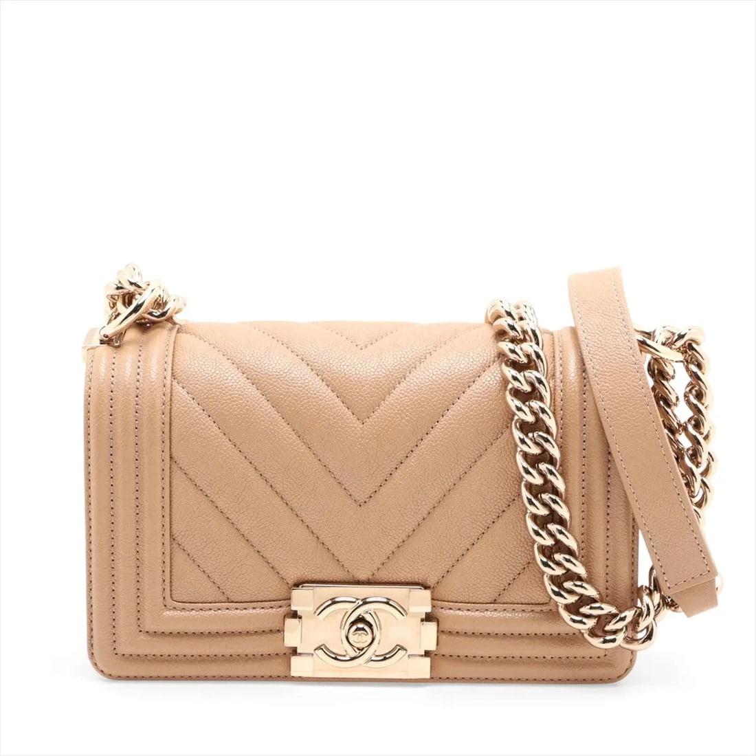 CHANEL BOY 20 SMALL CAVIAR SKIN CHAIN SHOULDER BAG: Chanel Boy 20 Small Caviar Skin Chain Shoulder Bag Brand: Chanel Type/Style: Shoulder Bag Material: Caviar Skin Color: Beige Size: Height:4.9inchLength:7.9inchDepth:2.4inch Accessories: None <