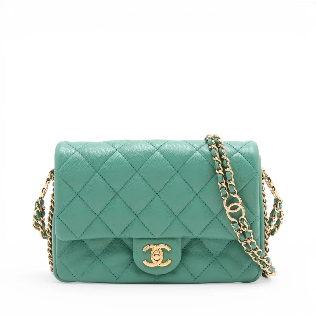 CHANEL MATELASSE CAVIAR SKIN CHAIN SHOULDER BAG: Chanel Matelasse Caviar Skin Chain Shoulder Bag Brand: Chanel Type/Style: Shoulder Bag Material: Caviar Skin Color: Green Size: Height:5.7inchLength:8.1inchDepth:2.4inch Accessories: None