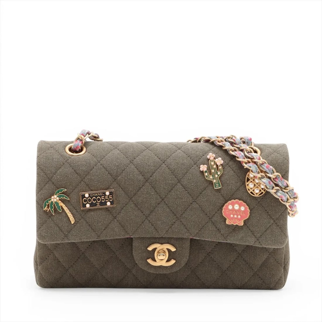 CHANEL MATELASSE 25 CANVAS DOUBLE FLAP CHAIN BAG: Chanel Matelasse 25 canvas Double Flap Chain Bag Brand: Chanel Type/Style: Shoulder Bag Material: canvas Color: Green Size: Height:5.9inchLength:9.8inchDepth:2.4inch Accessories: None Acce