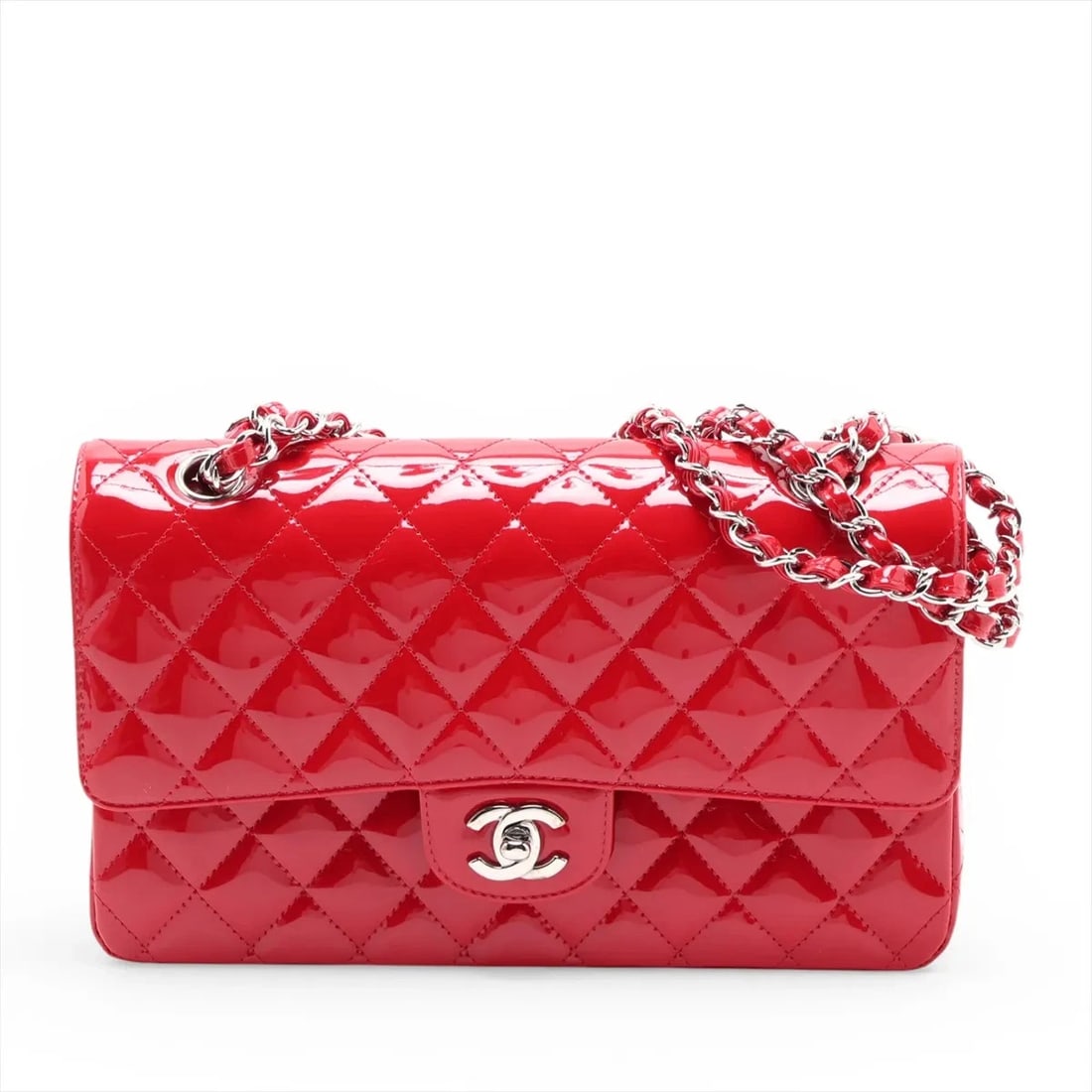 CHANEL MATELASSE 25 PATENT LEATHER DOUBLE FLAP CHAIN BAG: Chanel Matelasse 25 Patent Leather Double Flap Chain Bag Brand: Chanel Type/Style: Shoulder Bag Material: Patent Leather Color: Red Size: Height:6.1inchLength:9.8inchDepth:2.4inch Accessories: Non