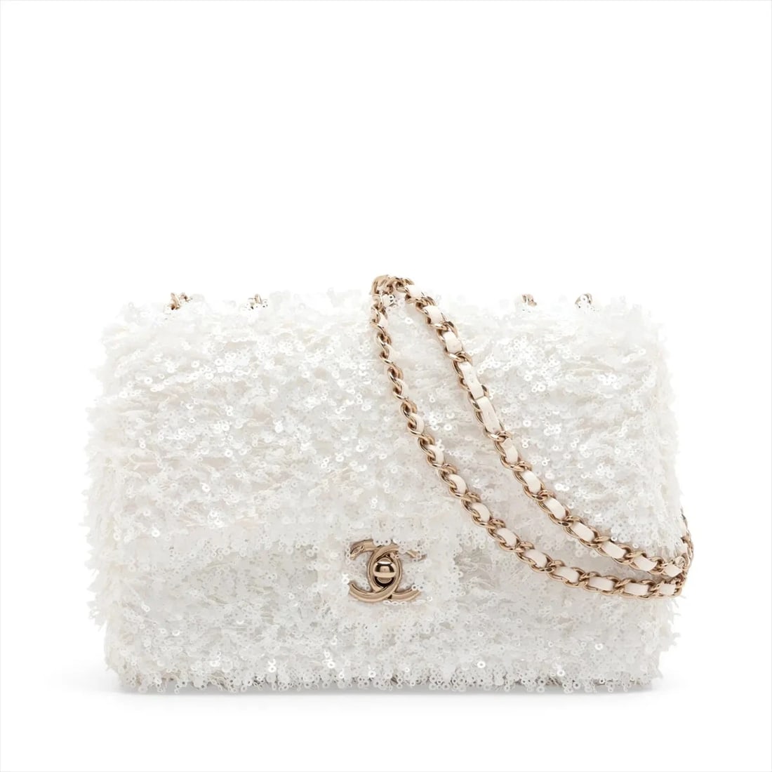 CHANEL COCO MARK SEQUINS X LEATHER SINGLE FLAP DOUBLE CHAIN BAG: Chanel Coco Mark Sequins x leather Single Flap Double Chain Bag Brand: Chanel Type/Style: Shoulder Bag Material: Sequins x leather Color: White Size: Height:5.3inchLength:8.1inchDepth:2.0inch Acce