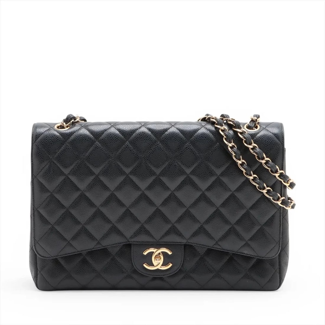 CHANEL DEKAMATRASSE 34 MAXI CAVIAR SKIN FLAP DOUBLE CHAIN BAG: Chanel DEKAMATRASSE 34 Maxi Caviar Skin Flap Double Chain Bag Brand: Chanel Type/Style: Shoulder Bag Material: Caviar Skin Color: Black Size: Height:9.3inchLength:13.0inchDepth:3.5inch Accessories