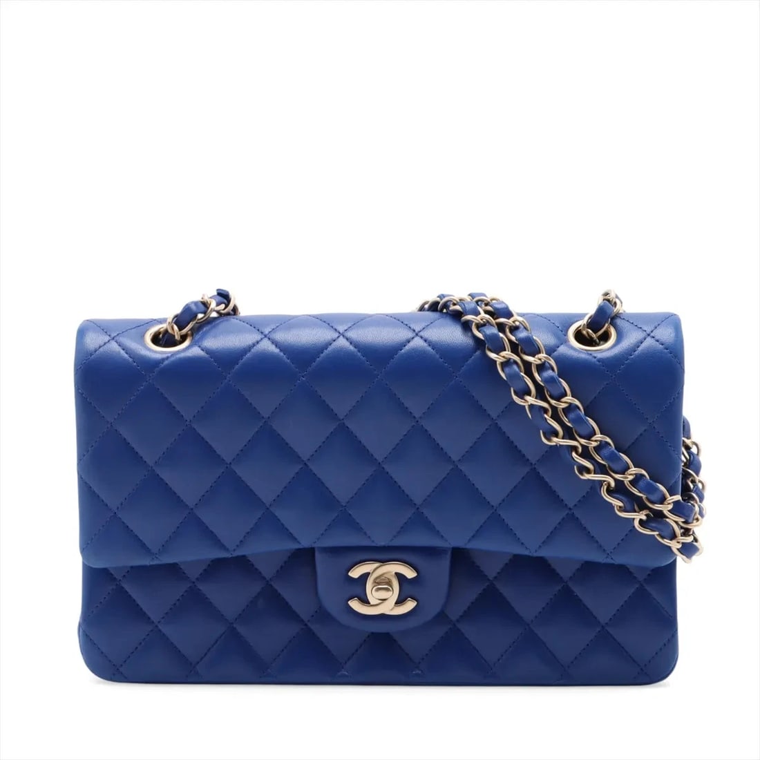 CHANEL MATELASSE 25 LAMBSKIN DOUBLE FLAP DOUBLE CHAIN BAG: Chanel Matelasse 25 Lambskin Double Flap Double Chain Bag Brand: Chanel Type/Style: Shoulder Bag Material: Lambskin Color: Blue Size: Height:5.9inchLength:9.8inchDepth:2.4inch Accessories: None
