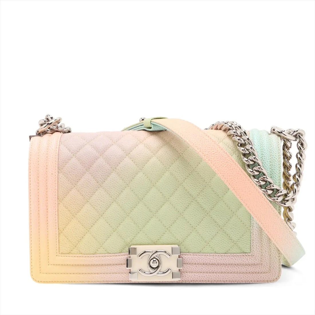 CHANEL BOY 25 CAVIAR SKIN CHAIN SHOULDER BAG: Chanel Boy 25 Caviar Skin Chain Shoulder Bag Brand: Chanel Type/Style: Shoulder Bag Material: Caviar Skin Color: Multicolor Size: Height:5.9inchLength:9.8inchDepth:2.8inch Accessories: None