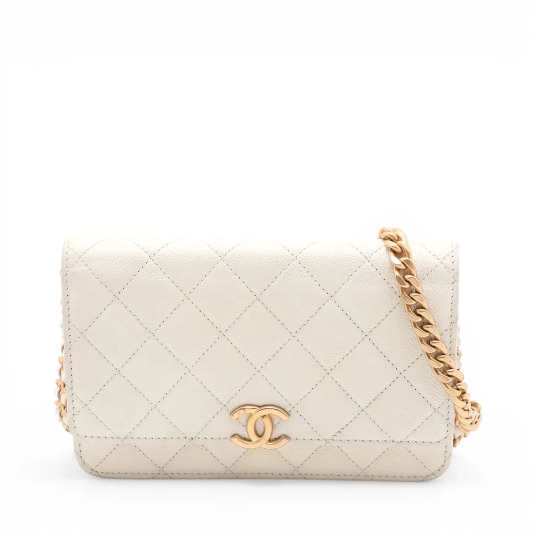 CHANEL MATELASSE CAVIAR SKIN CHAIN WALLET WHITE GOLD METAL: Chanel Matelasse Caviar Skin Chain Wallet White Gold Metal Brand: Chanel Type/Style: Shoulder Bag Material: Caviar Skin Color: White Size: Height:4.9inchLength:7.5inchDepth:1.2inch Accessories: No