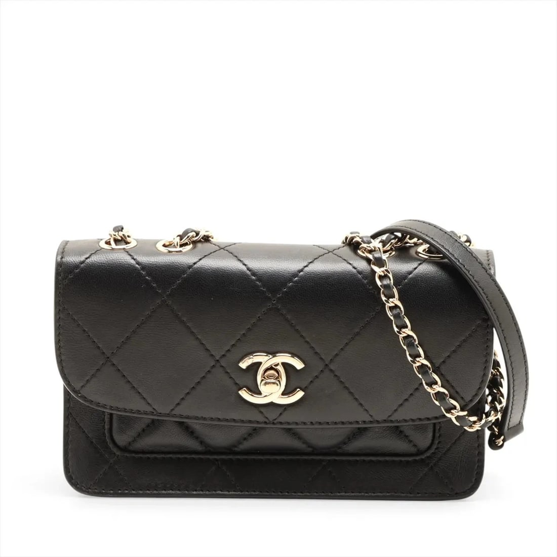 CHANEL MINI MATELASSE LAMBSKIN SINGLE FLAP DOUBLE CHAIN BAG: Chanel Mini Matelasse Lambskin Single Flap Double Chain Bag Brand: Chanel Type/Style: Shoulder Bag Material: Lambskin Color: Black Size: Height:4.3inchLength:7.5inchDepth:2.2inch Accessories: None