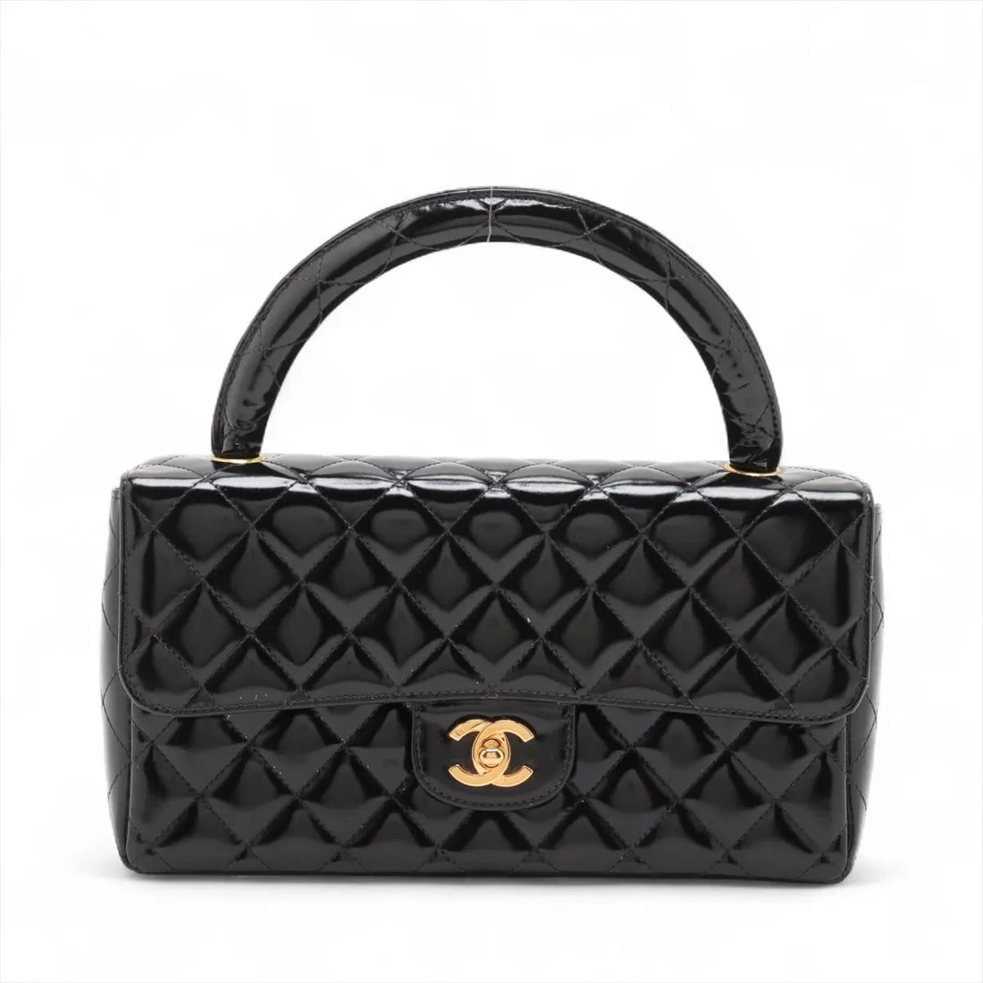 CHANEL MATELASSE PATENT LEATHER HAND BAG: Chanel Matelasse Patent Leather Hand bag Brand: Chanel Type/Style: Top Handle Bag Material: Patent Leather Color: Black Size: Height:5.5inchLength:10.0inchDepth:2.6inch Accessories: None A