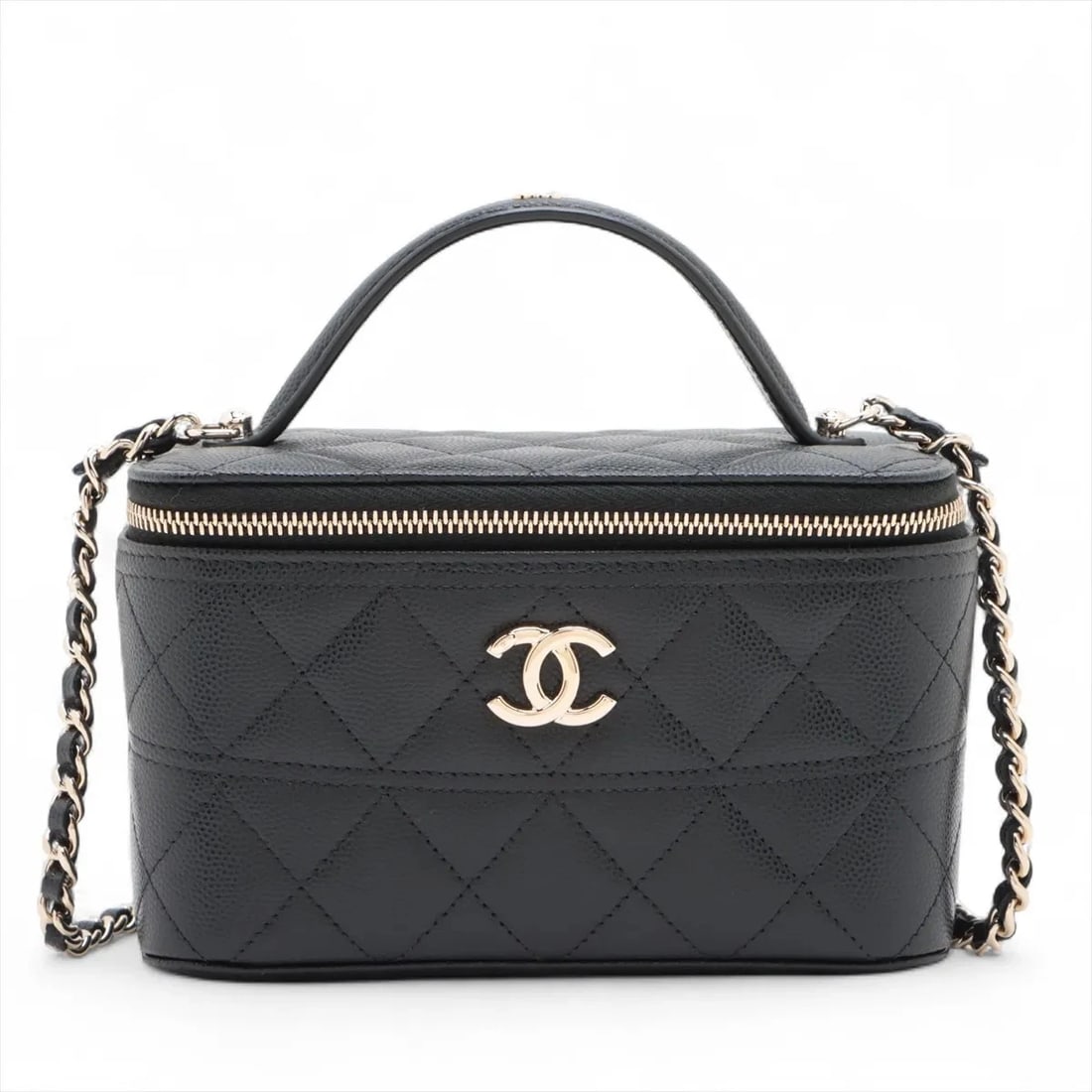 CHANEL MATELASSE GRAINED CALFSKIN 2 WAY SHOULDER BAG: Chanel Matelasse Grained Calfskin 2 Way Shoulder Bag Brand: Chanel Type/Style: Top Handle Bag Material: Caviar Skin Color: Black Size: Height:3.9inchLength:6.3inchDepth:3.1inch Accessories: None <