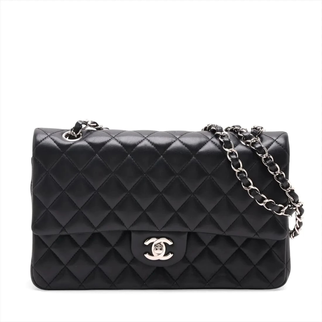 CHANEL MATELASSE 25 LAMBSKIN DOUBLE FLAP CHAIN BAG: Chanel Matelasse 25 Lambskin Double Flap Chain Bag Brand: Chanel Type/Style: Shoulder Bag Material: Lambskin Color: Black Size: Height:6.3inchLength:10.0inchDepth:2.4inch Accessories: None