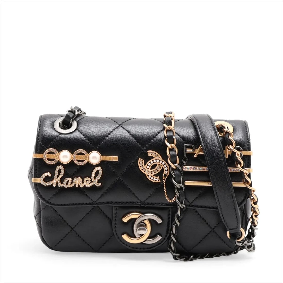 CHANEL MINI MATELASSE LAMBSKIN SINGLE FLAP DOUBLE CHAIN BAG: Chanel Mini Matelasse Lambskin Single Flap Double Chain Bag Brand: Chanel Type/Style: Shoulder Bag Material: Lambskin Color: Black Size: Height:4.5inchLength:6.9inchDepth:2.2inch Accessories: None