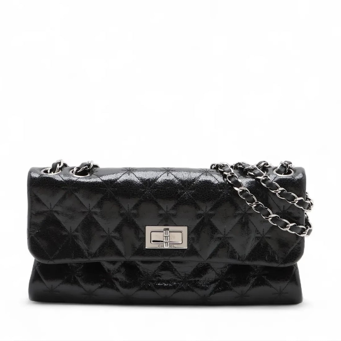 CHANEL MATELASSE 2.55 COATING LEATHER SINGLE CHAIN BAG: Chanel Matelasse 2.55 Coating leather Single Chain Bag Brand: Chanel Type/Style: Shoulder Bag Material: Coating leather Color: Black Size: Height:5.7inchLength:10.8inchDepth:3.3inch Accessories: N
