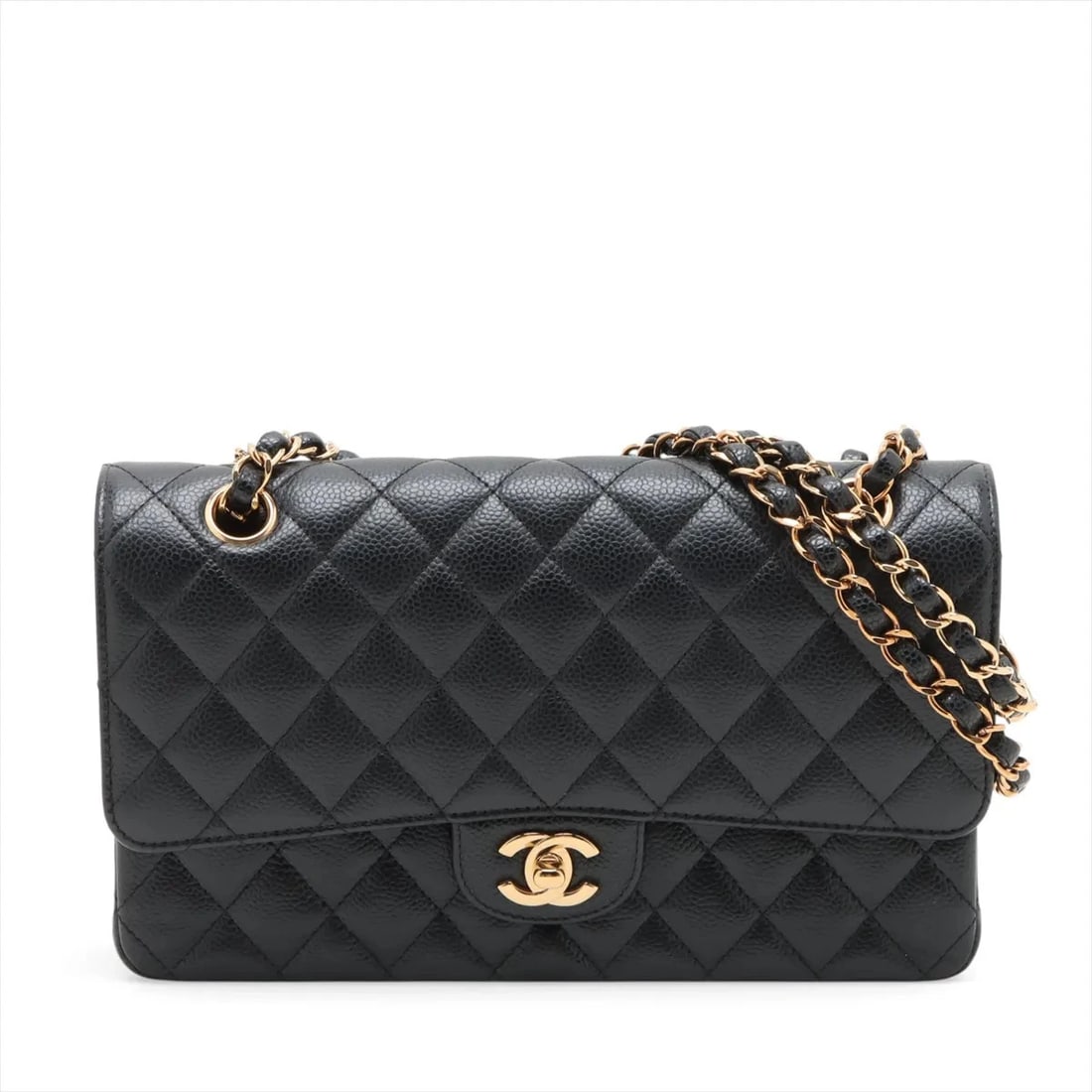 CHANEL MATELASSE 25 CAVIAR SKIN DOUBLE CHAIN BAG: Chanel Matelasse 25 Caviar Skin Double Chain Bag Brand: Chanel Type/Style: Shoulder Bag Material: Caviar Skin Color: Black Size: Height:5.9inchLength:9.8inchDepth:2.4inch Accessories: None