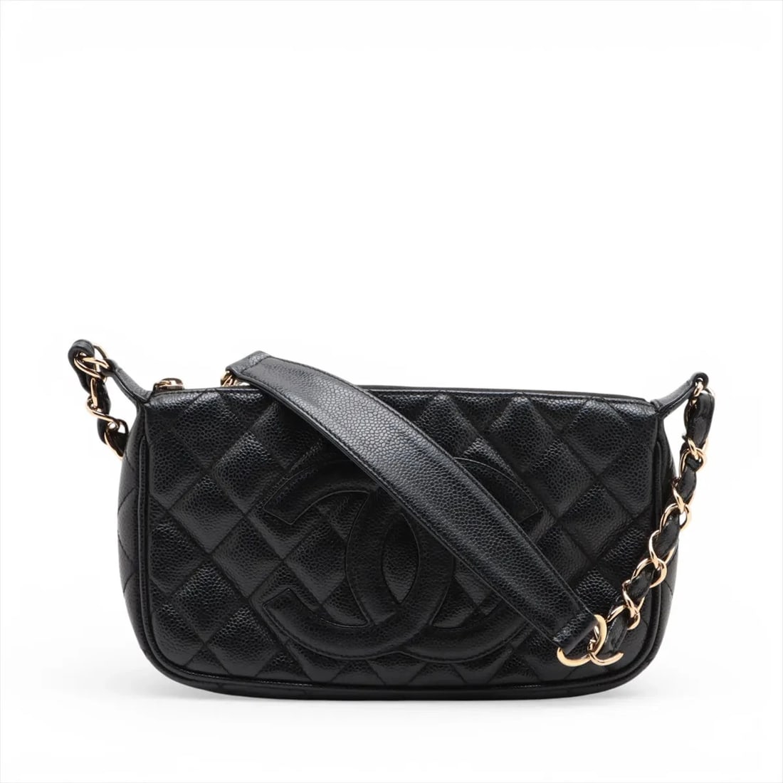 CHANEL MATELASSE CAVIAR SKIN CHAIN SHOULDER BAG: Chanel Matelasse Caviar Skin Chain Shoulder Bag Brand: Chanel Type/Style: Shoulder Bag Material: Caviar Skin Color: Black Size: Height:5.9inchLength:9.6inchDepth:1.8inch Accessories: None