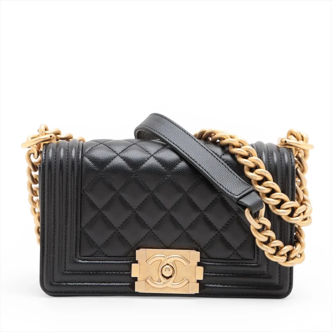 CHANEL BOY 20 SMALL CAVIAR SKIN CHAIN SHOULDER BAG: Chanel Boy 20 Small Caviar Skin Chain Shoulder Bag Brand: Chanel Type/Style: Shoulder Bag Material: Caviar Skin Color: Black Size: Height:4.7inchLength:7.9inchDepth:2.4inch Accessories: None <