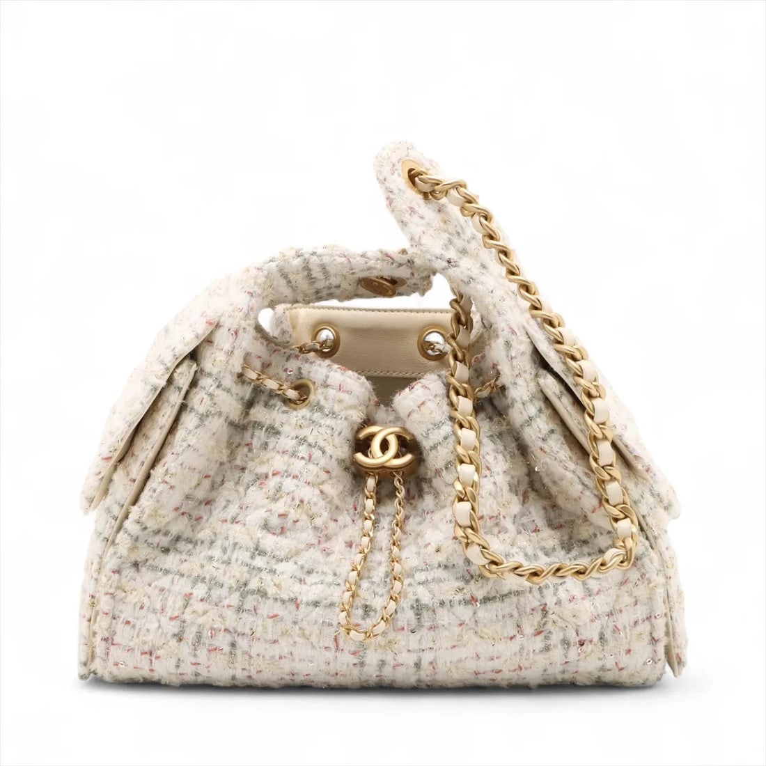 CHANEL 25 SMALL TWEED CHAIN SHOULDER BAG: Chanel 25 Small Tweed Chain Shoulder Bag Brand: Chanel Type/Style: Shoulder Bag Material: Tweed Color: Ivory Size: Height:7.5inchLength:10.6inchDepth:5.3inch Accessories: None Accessories