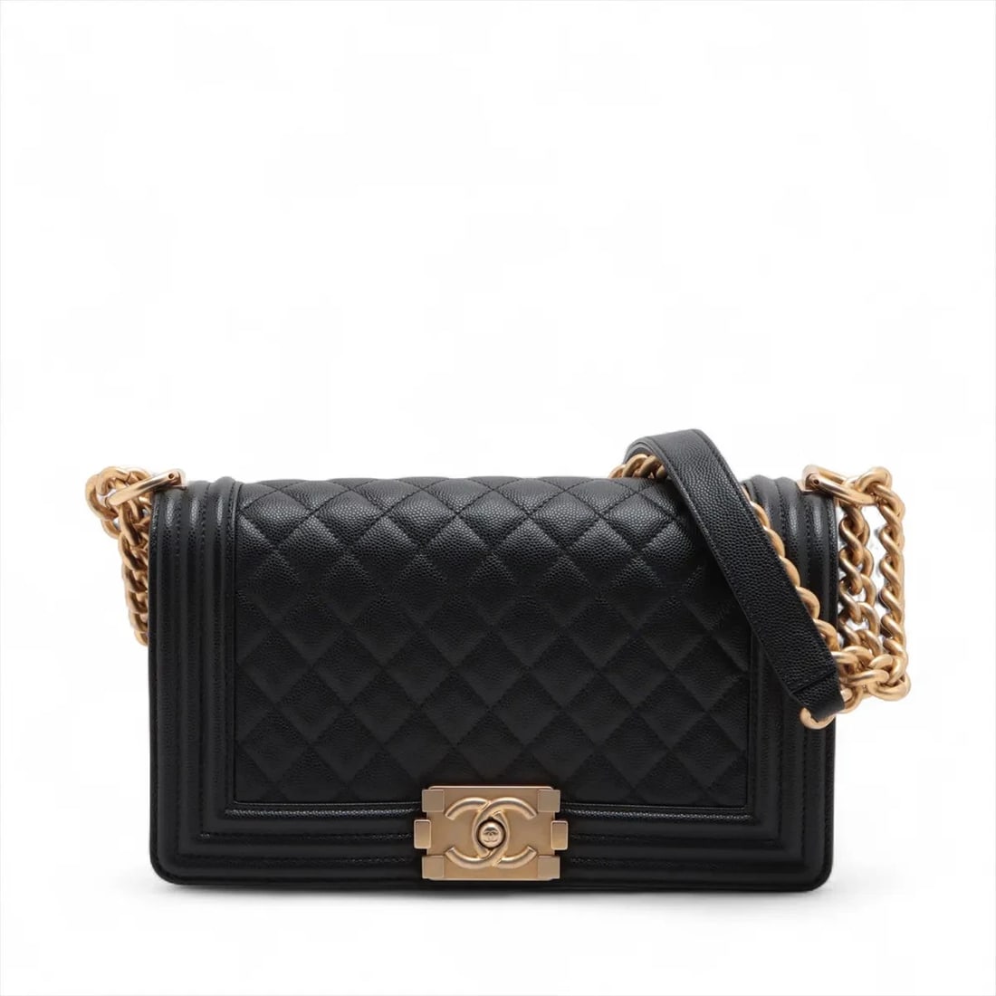 CHANEL BOY 25 CAVIAR SKIN CHAIN SHOULDER BAG: Chanel Boy 25 Caviar Skin Chain Shoulder Bag Brand: Chanel Type/Style: Shoulder Bag Material: Caviar Skin Color: Black Size: Height:5.5inchLength:9.8inchDepth:2.6inch Accessories: None Acc