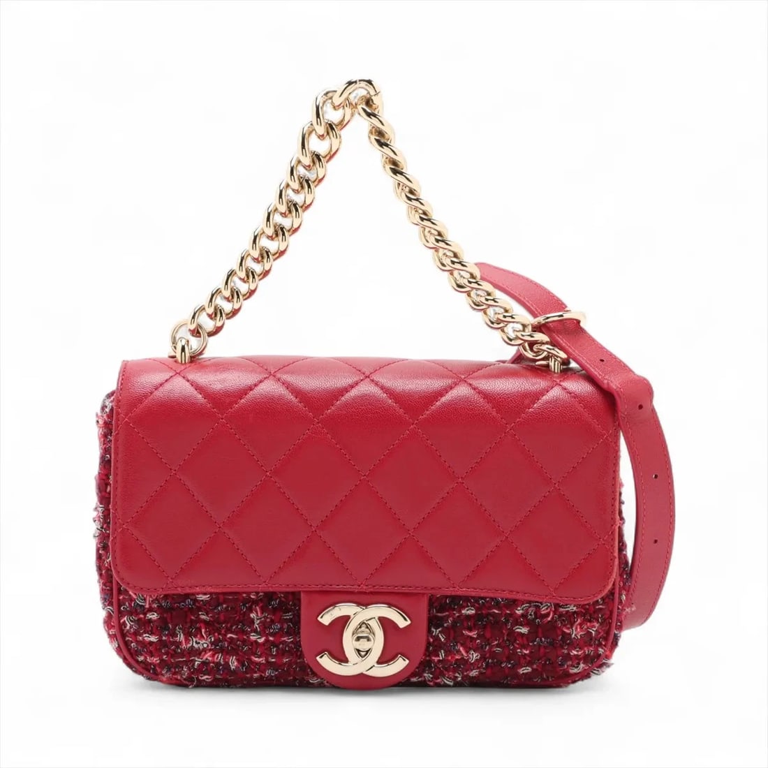 CHANEL MATELASSE LEATHER X TWEED 2 WAY SHOULDER BAG: Chanel Matelasse leather x tweed 2 Way Shoulder Bag Brand: Chanel Type/Style: Shoulder Bag Material: Leather x tweed Color: Red Size: Height:5.3inchLength:8.5inchDepth:1.8inch Accessories: None