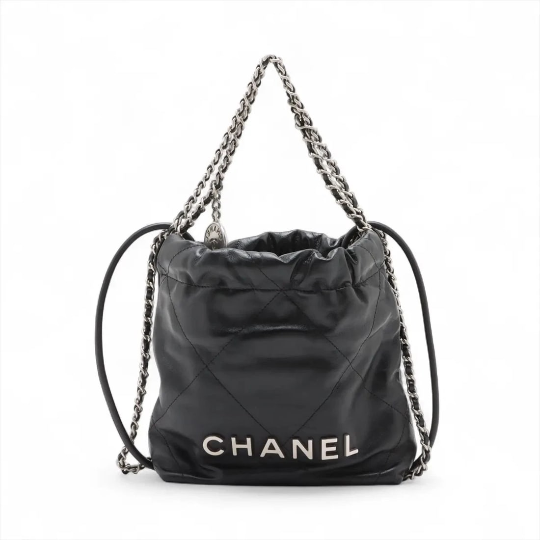 CHANEL 22 MINI SHINY CALFSKIN CHAIN SHOULDER BAG: Chanel 22 Mini shiny calfskin Chain Shoulder Bag Brand: Chanel Type/Style: Shoulder Bag Material: shiny calfskin Color: Black Size: Height:7.1inchLength:6.5inchDepth:2.6inch Accessories: None