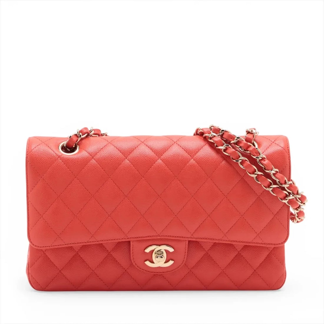 CHANEL MATELASSE 25 CAVIAR SKIN DOUBLE CHAIN BAG: Chanel Matelasse 25 Caviar Skin Double Chain Bag Brand: Chanel Type/Style: Shoulder Bag Material: Caviar Skin Color: Red Size: Height:6.1inchLength:10.0inchDepth:2.4inch Accessories: None