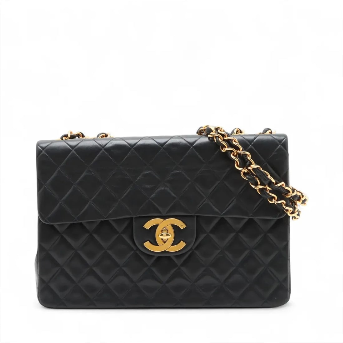 CHANEL DEKAMATRASSE 34 MAXI LAMBSKIN DOUBLE CHAIN BAG: Chanel DEKAMATRASSE 34 Maxi Lambskin Double Chain Bag Brand: Chanel Type/Style: Shoulder Bag Material: Lambskin Color: Black Size: Height:8.9inchLength:13.4inchDepth:3.9inch Accessories: None