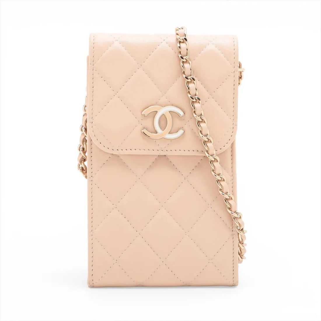 CHANEL MATELASSE LAMBSKIN CHAIN SHOULDER BAG: Chanel Matelasse Lambskin Chain Shoulder Bag Brand: Chanel Type/Style: Shoulder Bag Material: Lambskin Color: Beige Size: Height:6.9inchLength:4.1inchDepth:0.8inch Accessories: None Access