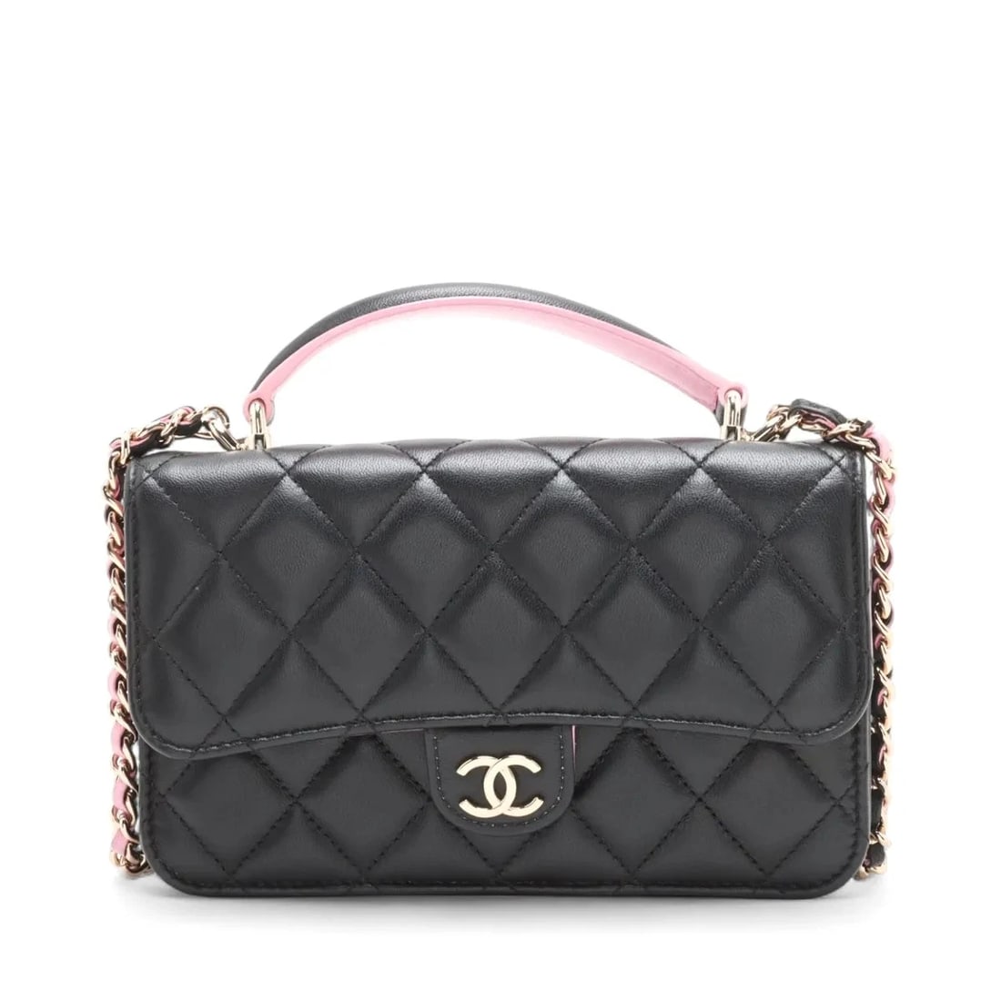 CHANEL MATELASSE LAMBSKIN 2 WAY HANDBAG: Chanel Matelasse Lambskin 2 Way Handbag Brand: Chanel Type/Style: Top Handle Bag Material: Lambskin Color: Black x pink Size: Height:4.1inchLength:6.7inchDepth:1.6inch Accessories: None Ac
