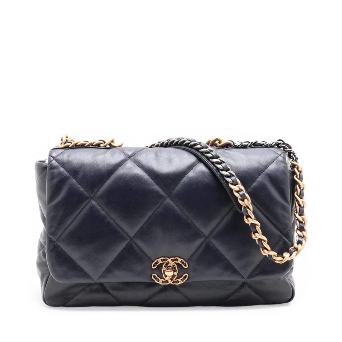CHANEL 19 MAXI LAMBSKIN CHAIN SHOULDER BAG: Chanel 19 Maxi Lambskin Chain Shoulder Bag Brand: Chanel Type/Style: Shoulder Bag Material: Lambskin Color: Navy Blue Size: Height:9.4inchLength:14.0inchDepth:3.9inch Accessories: None Acc