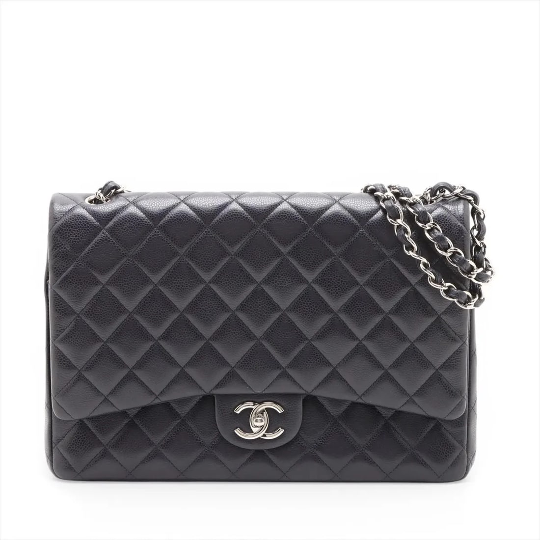 CHANEL DEKAMATRASSE 34 MAXI CAVIAR SKIN DOUBLE CHAIN BAG: Chanel DEKAMATRASSE 34 Maxi Caviar Skin Double Chain Bag Brand: Chanel Type/Style: Shoulder Bag Material: Caviar Skin Color: Navy Blue Size: Height:8.7inchLength:13.0inchDepth:3.5inch Accessories: