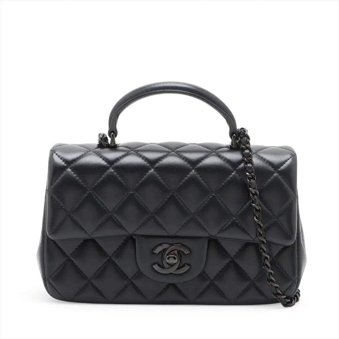 CHANEL MATELASSE LAMBSKIN 2 WAY HANDBAG: Chanel Matelasse Lambskin 2 Way Handbag Brand: Chanel Type/Style: Top Handle Bag Material: Lambskin Color: Black Size: Height:5.1inchLength:7.7inchDepth:2.4inch Accessories: None Accessori
