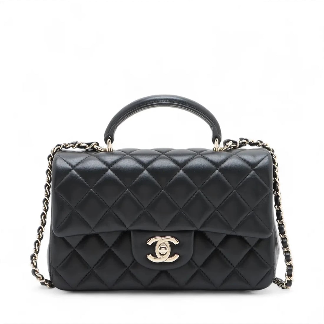 CHANEL MATELASSE LAMBSKIN 2 WAY HANDBAG: Chanel Matelasse Lambskin 2 Way Handbag Brand: Chanel Type/Style: Top Handle Bag Material: Lambskin Color: Black Size: Height:4.9inchLength:7.9inchDepth:2.4inch Accessories: None Accessori