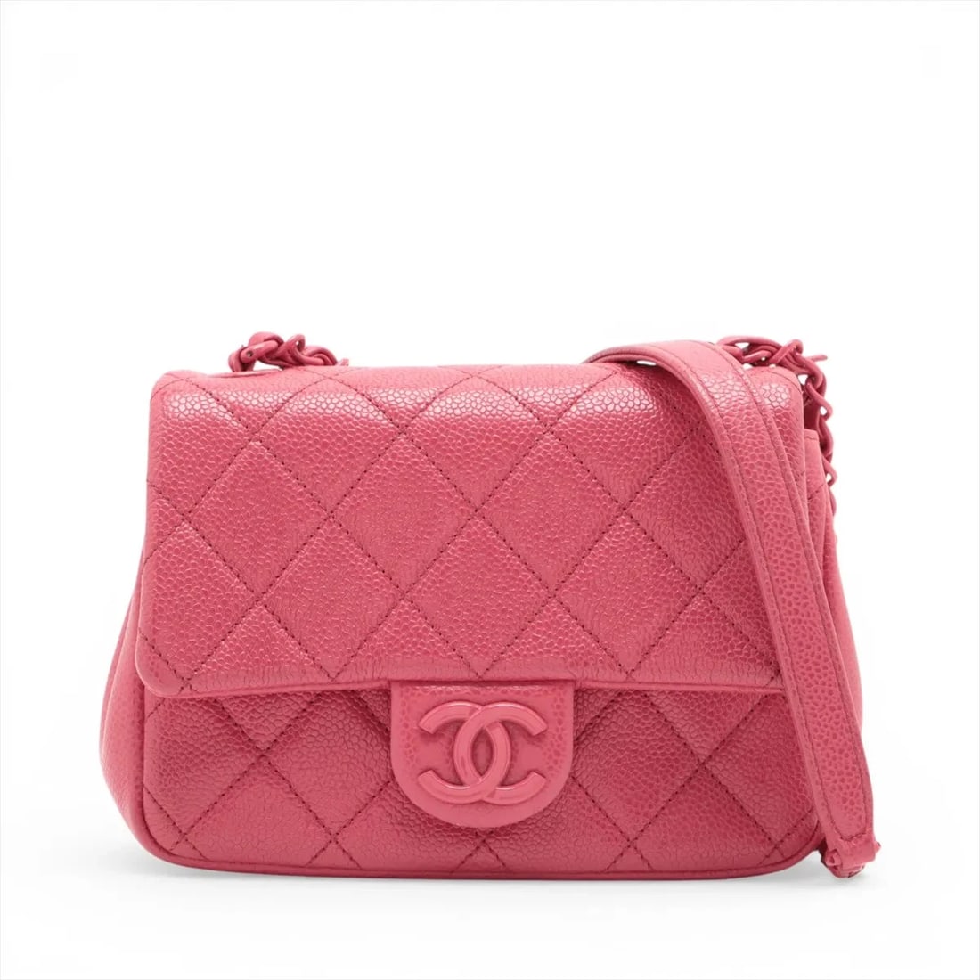 CHANEL MINI MATELASSE CAVIAR SKIN SINGLE FLAP BAG: Chanel Mini Matelasse Caviar Skin Single Flap Bag Brand: Chanel Type/Style: Shoulder Bag Material: Caviar Skin Color: Pink Size: Height:5.5inchLength:7.1inchDepth:2.2inch Accessories: None
