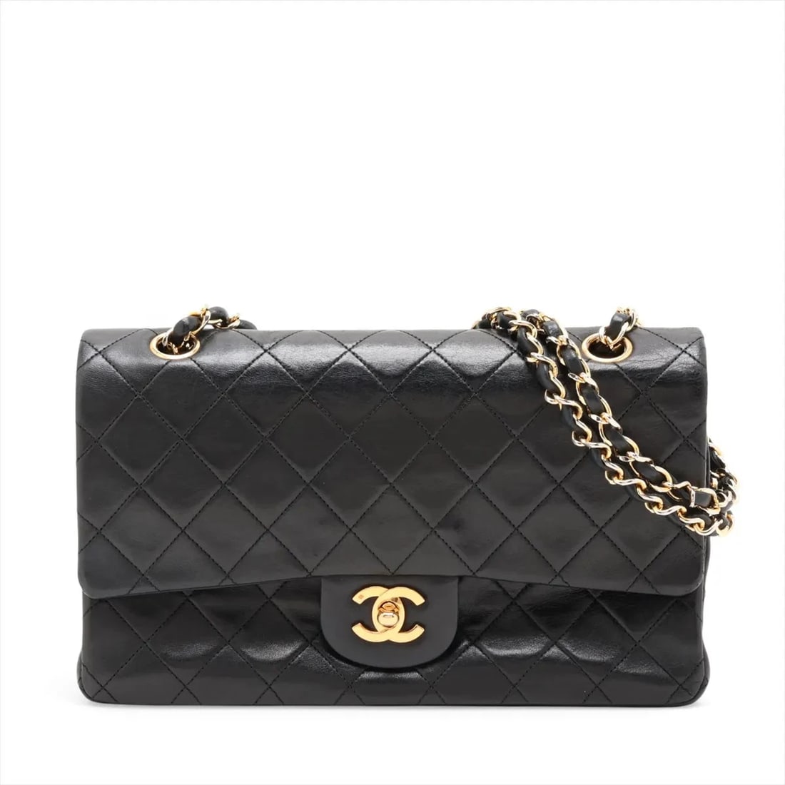 CHANEL MATELASSE 25 LAMBSKIN DOUBLE CHAIN BAG: Chanel Matelasse 25 Lambskin Double Chain Bag Brand: Chanel Type/Style: Shoulder Bag Material: Lambskin Color: Black Size: Height:6.1inchLength:10.0inchDepth:2.6inch Accessories: None Acce
