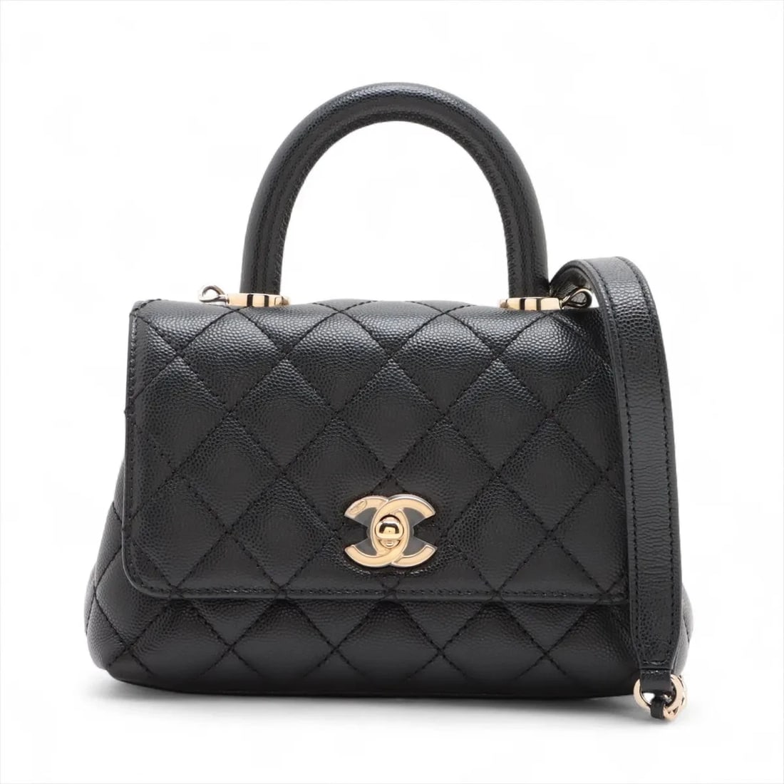 CHANEL COCO HANDLE 19 XXS CAVIAR SKIN 2 WAY HANDBAG: Chanel Coco handle 19 XXS Caviar Skin 2 Way Handbag Brand: Chanel Type/Style: Top Handle Bag Material: Caviar Skin Color: Black Size: Height:4.7inchLength:7.1inchDepth:3.3inch Accessories: None